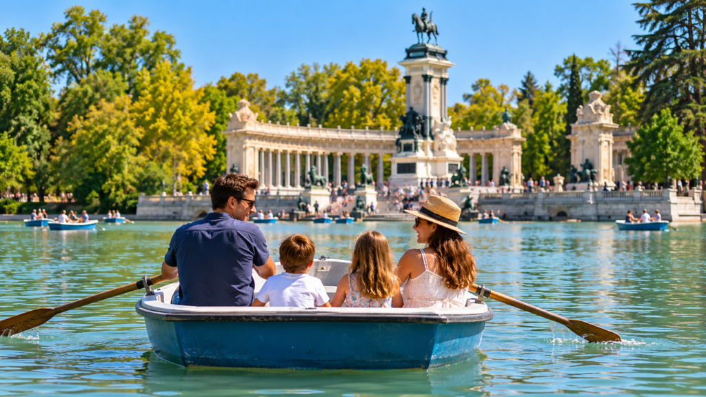 Things to do in Madrid with kids, families enjoying the lake and rowing boats in Retiro Park.