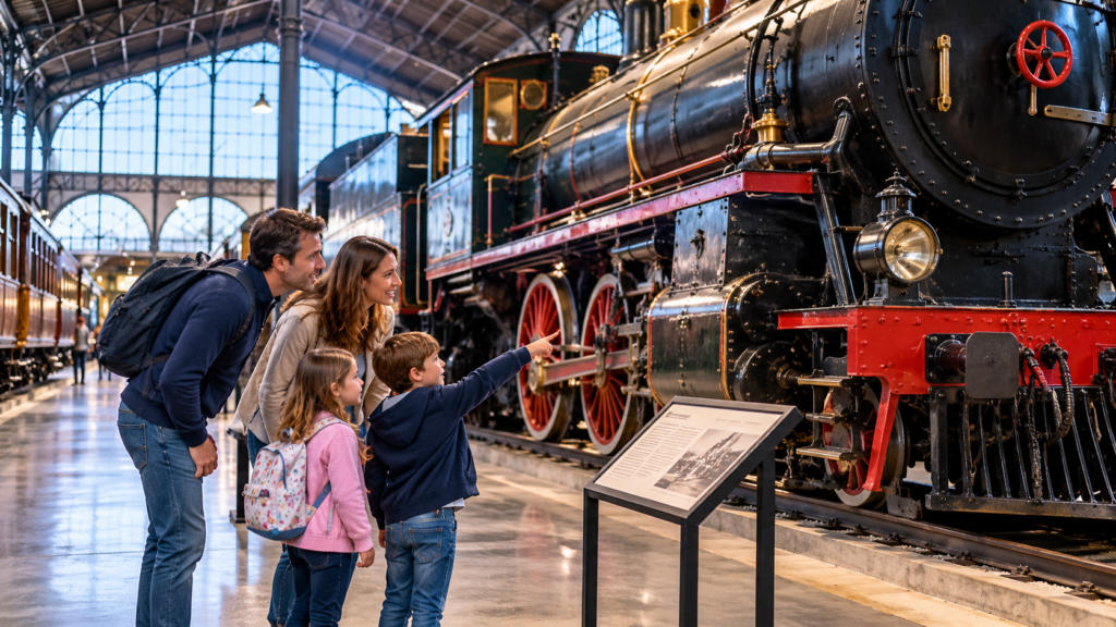 Historic railway locomotive representing the family-friendly Railway Museum in Madrid.