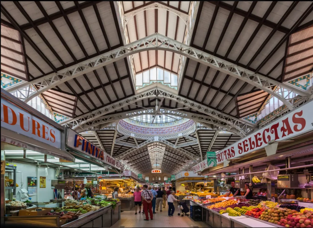 Traditional food stalls and fresh local produce inside Alicante Central Market.
